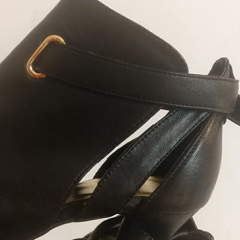 👍 NYLA Mariah Black Leather Heels Size 9 Dominatrix  Dance  A6